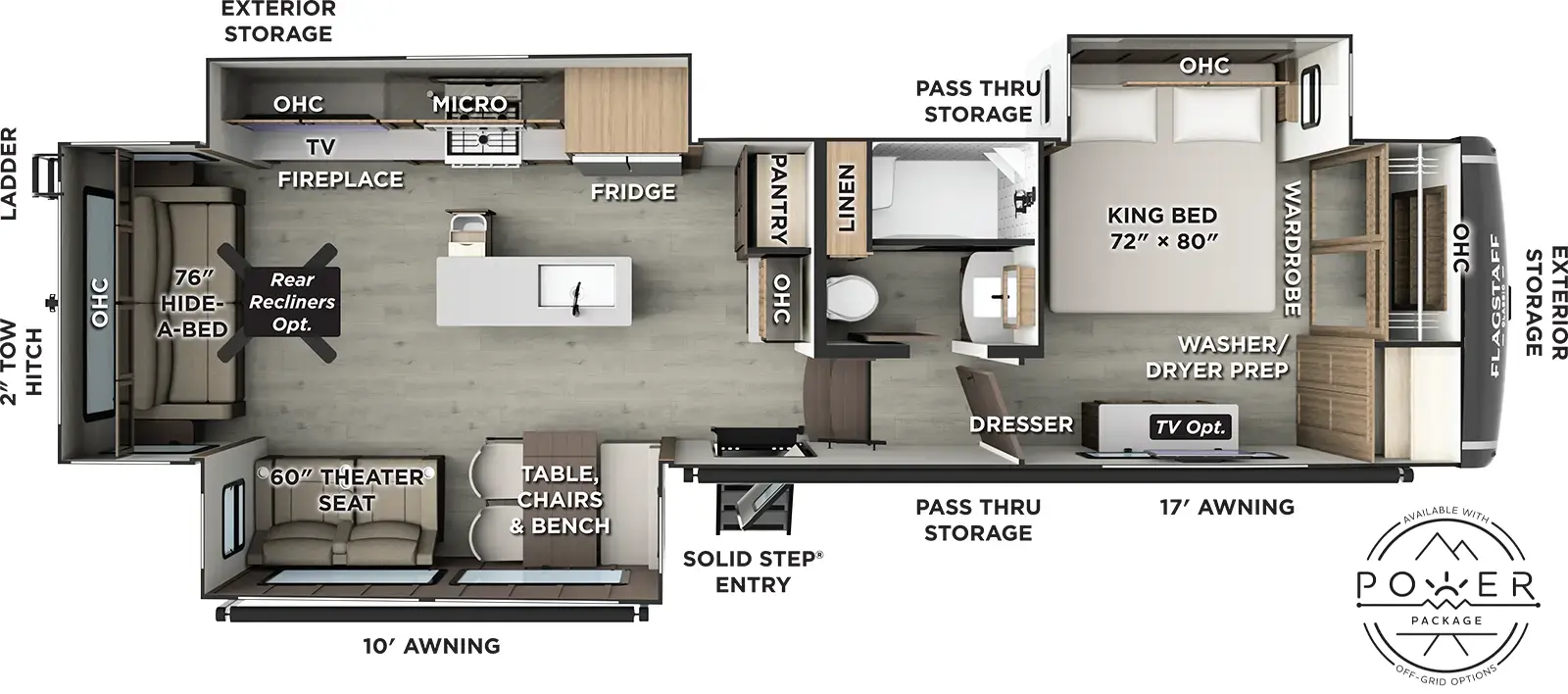 The Flagstaff Classic Fifth Wheels F361RLS floorplan has one entry and three slide outs. Exterior features include: fiberglass exterior and 10' & 17' awning. Interiors features include: kitchen island, free-standing dinette option, front bedroom and rear living.